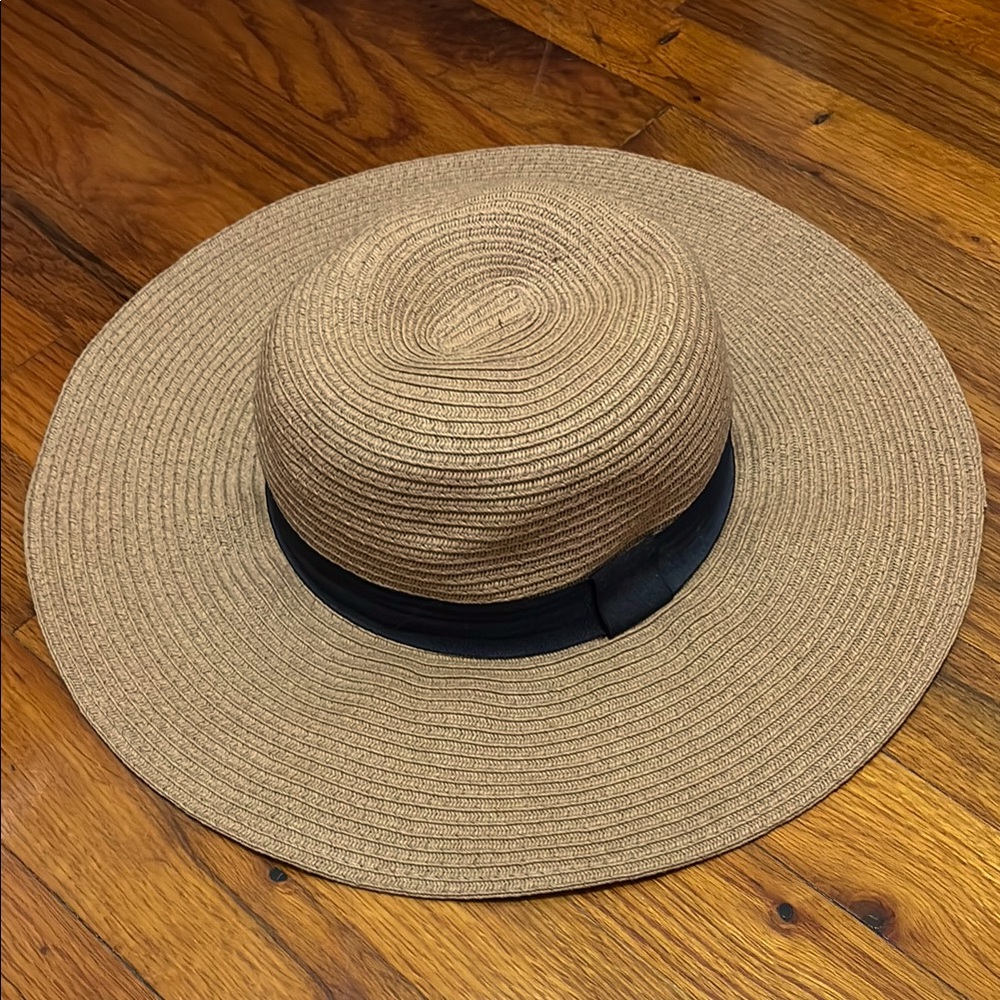Express Elegant Tan Sun Hat with Black Ribbon Band